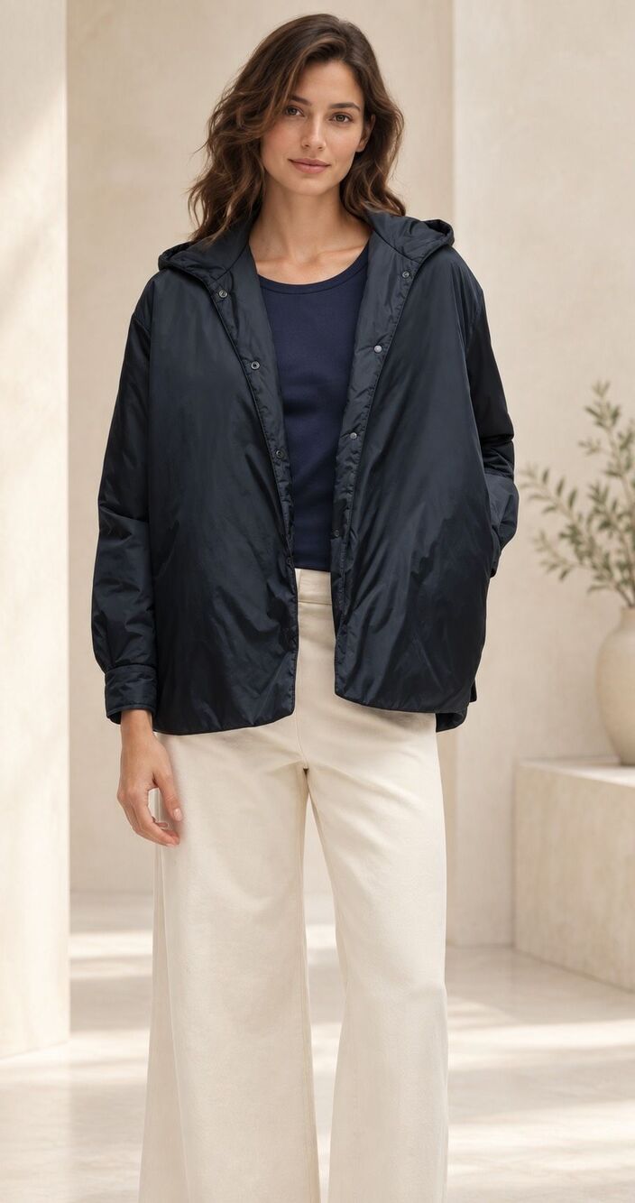 NWOT ASPESI Beth Navy Nylon Hooded Snap-Front Oversized black, Small $550 G34